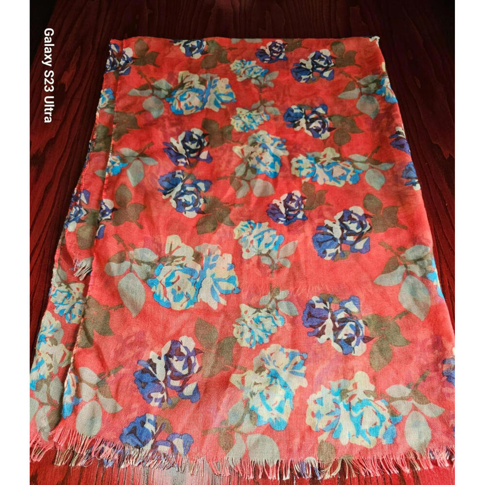 Boho Floral Fringe Scarf Coral Blue Purple Lightweight
